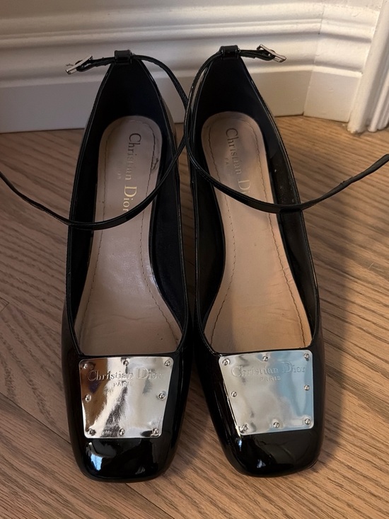 Dior Shoes - Dior Black Patent Leather Ankle-Strap Heels with Silver Plaque